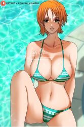 1girls big_breasts bikini bikini_bottom female female_only nami no_pants one_piece orange_hair shinjinou short_hair solo striped_bikini swimsuit