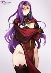 1girls blush breasts cape circlet cleavage crossed_arms dress earrings female female_only fire_emblem fire_emblem_echoes:_shadows_of_valentia fire_emblem_gaiden gloves jewelry lace-trimmed_legwear lace_trim large_breasts long_hair looking_at_viewer mature_female minacream nintendo purple_hair simple_background smile solo sonya_(fire_emblem) thick_thighs thighhighs thighs tiara