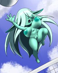 big_breasts breasts female furball_(artist) genitals goblin goblin_female hair hair_over_eyes hi_res huge_breasts humanoid meeya_(furball) not_furry nude pussy shortstack solo