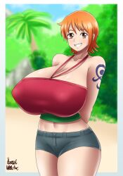 1girls azraelwebster big_breasts border enormous_breasts female female_only huge_breasts long_hair massive_breasts nami one_piece one_piece_film_strong_world outside_border pre-timeskip pre_timeskip solo solo_female white_border