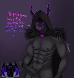 bara big_penis bisexual_male black_skin cape_only corrupted demon hood horns massive_penis monster_cock purple_eyes roblox roblox_avatar robloxian tagme treachery