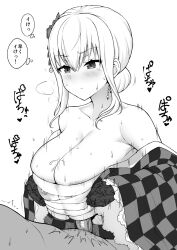 1boy bangs black_gloves blush breasts checkered_clothes checkered_kimono chest_sarashi cleavage closed_mouth collarbone earrings female gloves greyscale hair_between_eyes hair_bun hair_ornament hakase_fuyuki highres japanese_clothes jewelry kimono large_breasts monochrome nijisanji nipples noumu_(pixiv) off_shoulder paizuri paizuri_under_clothes penis sarashi simple_background solo_focus straight sweat virtual_youtuber white_background