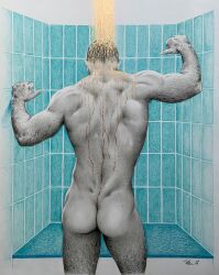 1boy ass back_muscles brad_welch_art butt caucasian caucasian_male eefromg instagram_username male male_only muscles muscular muscular_male pencil_(artwork) real_person shower sketch solo solo_male