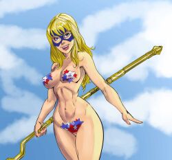 1girls artist_request big_breasts blonde_hair blue_eyes braces breasts courtney_whitmore covered_nipples covering_crotch dc dc_comics erect_nipples female female_only flying justice_society_of_america light-skinned_female navel pasties pokies star_pasties stargirl thick_thighs wide_hips