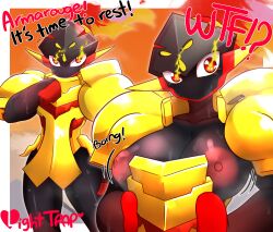 anthro armarouge big_breasts black_body black_skin breasts english_text female female_focus female_only looking_at_viewer nipples pokemon pokemon_sv thick_thighs thighs