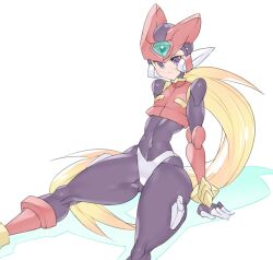 android bodysuit femboy feminine_male looking_at_viewer mega_man mega_man_zero reploid robot sitting_down thick_thighs tomgirl wide_hips zero_(mega_man) ziz