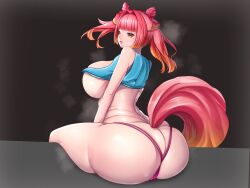 1girls ass_cleavage butt_crack dog_ears dog_tail female fluffy_tail hair_bun huge_ass huge_breasts kemonomimi large_ass large_breasts looking_at_viewer looking_back mklucas39 myon_(shrivingstone) plump simple_background sitting skimpy skindentation solo solo_female steam string_panties tagme tank_top thick_thighs twintails two_tone_hair