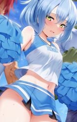 1boy1girl 1other arms_up bangs bare_shoulders benimaru_(tensei_shitara_slime_datta_ken) blue_hair blue_skirt blush breasts cheerleader covered_nipples crossed_bangs embarrassed eyelashes female hair_between_eyes highres holding holding_pom_poms light_blue_hair long_hair looking_at_viewer m-da_s-tarou microskirt midriff miniskirt multiple_boys navel no_bra open_mouth other_focus outdoors pleated_skirt pom_pom_(cheerleading) ponytail rigurd rimuru_tempest shiny shiny_skin shirt skirt sleeveless small_breasts solo_focus sweat tensei_shitara_slime_datta_ken thick_thighs thighs white_shirt yellow_eyes