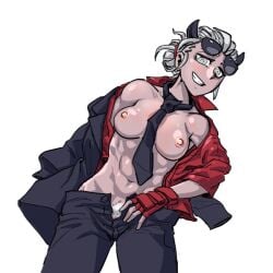 black_horns black_pants demon_girl demon_horns eyewear_on_head female gloves grey_eyes helltaker heppari horns justice_(helltaker) muscular muscular_female necktie nipples pants pubic_hair red_gloves red_shirt shirt smile white_background white_hair