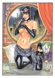 1girls batman_(series) big_breasts breasts catwoman covering_breasts curvaceous curvy_female curvy_figure dc_comics elias_chatzoudis female female_only fit_female hiding_breasts latex_gloves looking_at_viewer navel_piercing public_topless selina_kyle smiling_at_viewer solo solo_female topless topless_female voluptuous