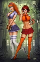 2girls bats being_watched big_breasts books curvaceous curvy_body curvy_female curvy_figure daphne_blake full_moon ghost glasses glowing_eyes high_heels long_hair looking_at_viewer magnifying_glass mary_janes nathan_szerdy night orange_hair orange_stockings outdoors red_lips redhead scooby-doo short_hair short_skirt tagme tattoos thighhighs tie velma_dinkley voluptuous_female white_stockings