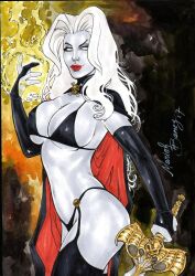 1girls big_breasts black_latex chaos_comics coffin_comics curvaceous curvy_body curvy_female curvy_figure death_(personification) ed_benes_studio erect_nipples grim_reaper lady_death latex_bra latex_gloves latex_thighhigh_boots long_hair looking_at_viewer mariah_benes nipple_bulge nipples_visible_through_clothing queen_of_the_dead red_lipstick solo_female tagme voluptuous_female white_hair white_skin