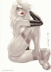 1girls big_breasts black_cat_(marvel) curvaceous curvy_body curvy_females curvy_figure ed_benes_studio felicia_hardy female female_only latex_gloves long_hair marvel marvel_comics naked_female red_lipstick rubismar_da_costa seductive_eyes seductive_look solo spider-man_(series) stockings voluptuous voluptuous_female white_hair