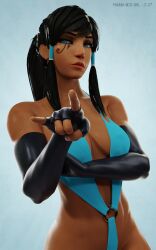 1girls 3d adult alternate_hairstyle avatar_legends black_hair blender blender_(software) blue_eyes breasts cleavage cosplay dark-skinned_female dark_skin egyptian elbow_gloves fareeha_amari female female_only fingerless_elbow_gloves fingerless_gloves fully_clothed gloves high_resolution korra_(cosplay) medium_breasts muscle muscular_female navel overwatch pharah pharah-best-girl pointing ponytail revealing_clothes smug solo swimsuit the_legend_of_korra