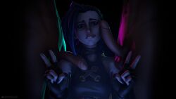 1girls 2boys 3d 3d_(artwork) blue_hair clothing handjob hetero imminent_oral jinx_(league_of_legends) league_of_legends multiple_penises rapetacular tagme video_games