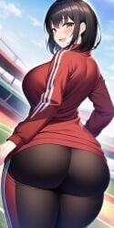 ai_generated ass blush huge_ass idolmaster idolmaster_cinderella_girls looking_back plump short_hair stable_diffusion takafuji_kako thick_thighs wide_hips