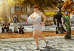 bakaras bbw bulge_through_clothing chubby clothing female huge_breasts human jiggling_breasts jogging male non-nude onlookers public red_hair sports_bra sweating thick_thighs tight_clothing warcraft worgen world_of_warcraft