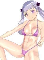 1girls abs bangs bare_shoulders big_breasts bikini black_clover blush breasts closed_mouth female female_only grey_hair hi_res large_breasts long_hair looking_at_viewer noelle_silva purple_bikini purple_eyes shiny_skin simple_background solo swimsuit tagme tukemen_gyokai twintails white_background