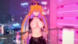 arielle_(vtuber) big_breasts blonde_hair blue_eyes breasts breasts_out choker cityscape clothing female holographic indie_virtual_youtuber koikatsu outside rainbow_hair renhentai sunglasses_on_head virtual_youtuber vtuber