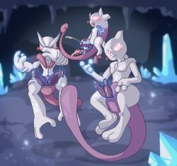 2_penises animal_genitalia animal_penis blush blush_lines bodily_fluids cave crystal diphallia diphallism dragunsnack floating genitals glowing_crystal group hemipenes legendary_pokémon looking_at_viewer male mega_evolution mega_mewtwo mega_mewtwo_x mega_mewtwo_y mewtwo multi_genitalia multi_penis nintendo penis pokemon pokemon_(species) psychic_powers tc-96 trio