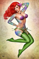 1girls ariel big_breasts curvaceous curvy_body curvy_female curvy_figure disney disney_princess green_stockings green_thong human_form long_hair looking_at_viewer nathan_szerdy red_hair signature solo_female tagme tattooed_arm tattoos the_little_mermaid the_little_mermaid_(1989_film) voluptuous