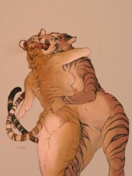 anthro breasts duo embrace felid female female/female hi_res hug licking mammal molvno neck_lick pantherine pubes simple_background smile striped_body stripes tiger tongue tongue_out