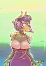 bbravaa big_breasts breasts breasts bulging_breasts deer deer_ears deer_girl deer_horns dress ear_piercing earrings female_focus female_only furry horns huge_breasts kimmy_(brava) large_breasts pierced_ears piercing piercings pinup purple_hair smile smiling smiling_at_viewer tight_clothing