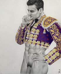 abs athlete bottomless brad_welch_art bullfighter celebrity cigarette flaccid flaccid_penis jose_maria_manzanares latino male male_only muscles muscular muscular_male pencil_(artwork) real_person sketch smoking veiny_penis