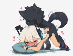 1boy ;d all_fours animal_ears aqua_eyes bangs black_fur blush body_fur borrowed_character commentary digitan_(porforever) dog_boy dog_ears dog_tail doggy_style electric_plug english_commentary fangs female furry furry_male furry_with_non-furry green_eyes hair_between_eyes happy_sex headphones heart highres interspecies kneehighs lightning_bolt_symbol long_hair nose_blush one_eye_closed open_mouth original overflow pillow porforever sex simple_background smile socks striped striped_socks sweat tail tail_wagging tail_wrap white_background white_hair