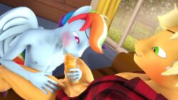 3d_(artwork) absurd_res animal_genitalia animal_penis anthro anthrofied applejack(male)_(mlp) applejack_(mlp) blush bottomless clothed clothing digital_media_(artwork) earth_pony equid equine equine_penis friendship_is_magic genitals green_eyes hair hasbro hi_res horse male male/male mammal medial_ring multicolored_hair my_little_pony nude open_clothing open_shirt open_topwear oral pegasus penis pony purple_eyes rainbow_blitz_(mlp) rainbow_dash_(mlp) rainbow_hair shirt shirt_only smooth_skin topwear topwear_only unie wings