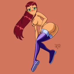 1girls ass blush boots breasts cartoon_network dat_ass dc dc_comics female green_eyes koriand'r nipples nude orange_skin pussy red_hair starfire teen_titans tlajolote_(artist)