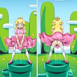 1girls ass commission dress_tug embarrassed high_heels mario_(series) mysticalpha nintendo no_panties panicking pink_dress princess_peach super_mario_bros. upskirt white_thighhighs wind wind_lift windy_dress