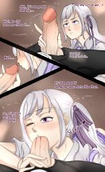 1girls asta_(black_clover) bangs big_penis black_clover blowjob cictemart18 english_text fellatio hand_on_penis hi_res noelle_silva oral penis purple_eyes silver_hair text twintails unseen_male_face