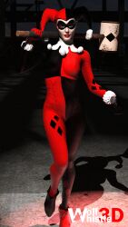 1girls 3d 3d_(artwork) alternate_version_available batman:_arkham_knight batman_(series) blue_eyes bodysuit boobs breasts dc dc_comics domino_mask female female_focus female_only fully_clothed hammer harley_quinn harley_quinn_(classic) harley_quinn_(injustice) injustice_2 jester_cap leather_gloves light-skinned_female light_skin makeup mallet solo spotlight tattoos tits twintails wolfwhistle3d