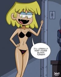 1girls 2019 bikini blonde_hair bra dialogue english_text fangs female_only green_pupils julex93 lori_loud midriff open_mouth panties solo solo_female solo_focus speech_bubble standing teeth text the_loud_house thighs underwear unusual_penis vampire