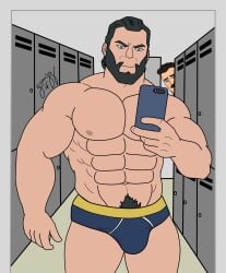 2021 2d 2d_(artwork) abs bara beard black_eyes black_hair briefs briefs_only bulge bulge_through_clothing color confident dark_hair dilf facial_hair gorrizz hair invincible locker locker_room lockers looking_down male male_only mirror_selfie muscle muscles muscular muscular_male nipples nolan_grayson omni-man pecs peeping pubic_hair selfie short_hair six_pack standing the_immortal underwear