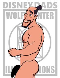 1boy 1male abs balls_outline bara beard big_penis black_hair brown_eyes cartoony censored_penis dark-skinned_male disney erection fa_zhou facial_hair male male_nipples male_only male_pubic_hair masculine mature_male mulan muscles muscular_male pecs penis smile smiling smooth_skinned_male solo veiny_penis white_background white_streak wolffhunter_art yaoi