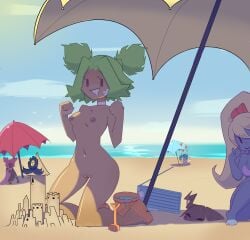 background bandage beach blonde_hair blue_hair breasts choker dark-skinned_female feet female female_only green_hair gwen_(league_of_legends) league_of_legends legs multiple_girls naked on_knees open_toe_shoes pink_hair poppy pussy riot_games sand sand_castle sandals shortstack small_breasts solo_focus taliyah twintails umbrella vixycore yordle zeri_(league_of_legends)