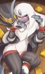 absol black_skin blush claws curvy dark_suit_style_absol embarrassed furry game_freak horn necklace nintendo on_the_floor pokémon_(species) pokemon pokemon_(species) pokemon_rse pokemon_unite red_eyes single_horn sweatdrop thighhighs white_fur zinfyu