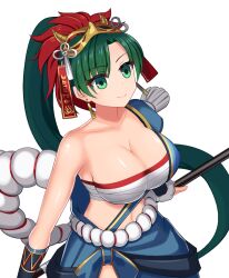 1girls alternate_costume alternate_version_available animated_version_available bandages bandeau bangs blue_skirt breasts chest_sarashi cleavage collarbone earrings female female_only fire_emblem fire_emblem:_the_blazing_blade fire_emblem_heroes green_eyes green_hair jewelry large_breasts long_hair lyn_(fire_emblem) lyn_(flame)_(fire_emblem) mask mask_on_head midriff navel nintendo official_alternate_costume ponytail sarashi shira_yu_ki short_sleeves simple_background single_bare_shoulder single_sleeve skirt smile solo stomach strapless tube_top upper_body very_long_hair white_background