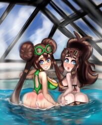 bikini daikiarts hilda_(pokemon) naughty_face pokemon pool pulled_by_another rosa_(pokemon) summer wet wet_pussy