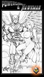 bare_chest black_and_white carbertartwork carter_hall couple dc dc_comics hawkman karen_starr power_girl sketch superhero superheroine