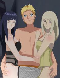 1boy 2girls ass_grab big_breasts black_hair blonde_hair breasts canon_couple female hyuuga_hinata lingerie long_hair male naruto naruto_(series) naruto_shippuden shion_(naruto) swingers uzumaki_naruto violet_eyes