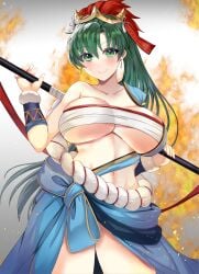 1girls absurdres alternate_breast_size alternate_costume big_breasts blue_skirt breasts chest_sarashi female female_only fire fire_emblem fire_emblem:_the_blazing_blade fire_emblem_heroes green_eyes green_hair highres holding holding_polearm holding_weapon japanese_clothes large_breasts looking_at_viewer lyn_(fire_emblem) lyn_(flame)_(fire_emblem) navel nintendo official_alternate_costume polearm ponytail rope_belt sarashi single_bare_shoulder skirt tara_(szzj7733) weapon weapon_over_shoulder