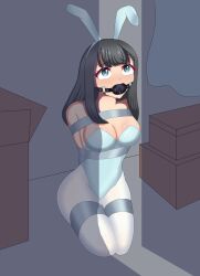 ball_gag blush bondage bunnysuit gag gagged green_eyes huge_breasts kidnapped kneel legwear long_hair low_cut_top shiraishi_yuzuki sora_yori_mo_tooi_basho starlitewarrior tape tape_bondage tape_gag taped_mouth thighs