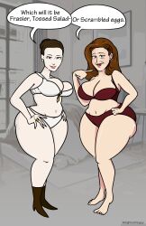 2girls barefoot bbw big_ass big_breasts big_butt big_legs big_thighs boots bra curvaceous curvy fat_legs female female_focus female_only frasier_(show) hourglass_figure lingerie lingerie_only plump plump_ass roz_doyle thick thick_thighs weightcomicguy