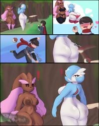 1boy 2girls alpha_pokémon black_clothing blue_hair blue_skin breast_jiggle brown_fur brown_hair bruise clapping comic digital_media_(artwork) fully_clothed furry gardevoir garter_straps heart lingerie lopunny naked nintendo pink_hair pokémon_(species) pokeball pokemon pokemon_(species) pokemon_legends:_arceus red_clothing red_eyes scarf shiny_gardevoir shiny_lopunny shiny_pokemon singing snowyblue sound_effects surprised thighhighs thought_bubble two_tone_fur two_tone_skin watermark white_skin