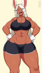 1girls abs big_breasts breasts bunny_ears dark-skinned_female dark_skin eye_contact female female_only fully_clothed long_hair looking_at_viewer miruko muscular_female my_hero_academia red_eyes rumi_usagiyama shorts solo solo_female sports_bra standing taigerarts thick_thighs thighs voluptuous white_hair