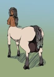 1futa arms_crossed_under_breasts ass_focus back back_view balls big_ass big_balls big_breasts black_hair breasts centaur dark-skinned_futanari dark_balls dark_skin dreadlocks equid equid_taur from_behind futa_only futanari gradient_background hooves horse huge_balls humanoid hyper_balls long_hair looking_at_viewer looking_back nipples ntertainer nude smile solo standing white_fur