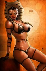 1girls ahsoka_tano alien alien_girl alien_humanoid athletic_female big_breasts blue_eyes curvaceous curvy_female curvy_figure female female_only latex_bikini_top latex_thong looking_down nathan_szerdy orange_skin red_lipstick signature solo star_wars star_wars_rebels togruta voluptuous voluptuous_female